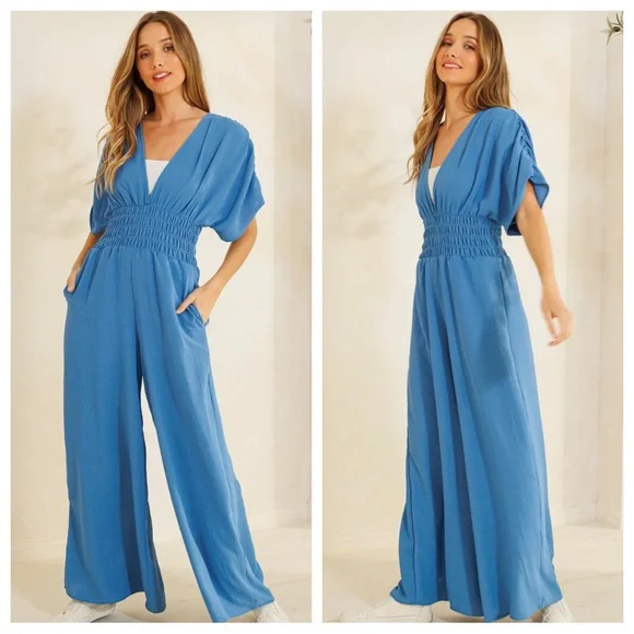 10 Boho Deep V- Neck Smocked Jumpsuit - Picture 4 of 4